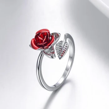 Femei Inel Red Rose Garden Flori Frunze Inel Deschis Redimensionabilă Inele Pentru Femei, Cadou de Ziua Îndrăgostiților Bijuterii